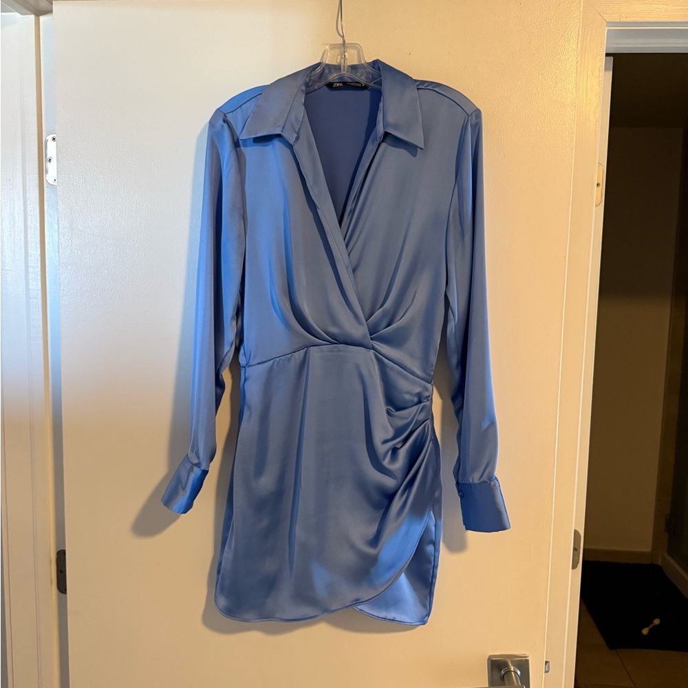 Zara Satin Blue Long Sleeve Dress
